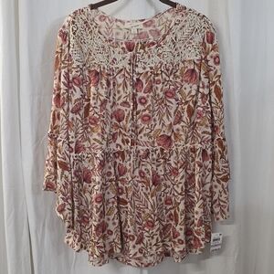 Style Co 1X Floral Mesh Babydoll Top Bell Sleeve Lettuce Trim Lace Rust Boho
